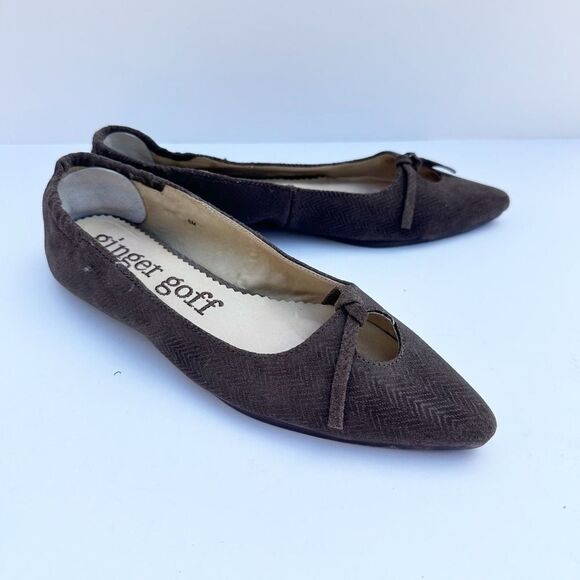 GINGER GOFF Size 8 Pointed Toe Flats Knot Front Brown Chevron Suede - Picture 6 of 7